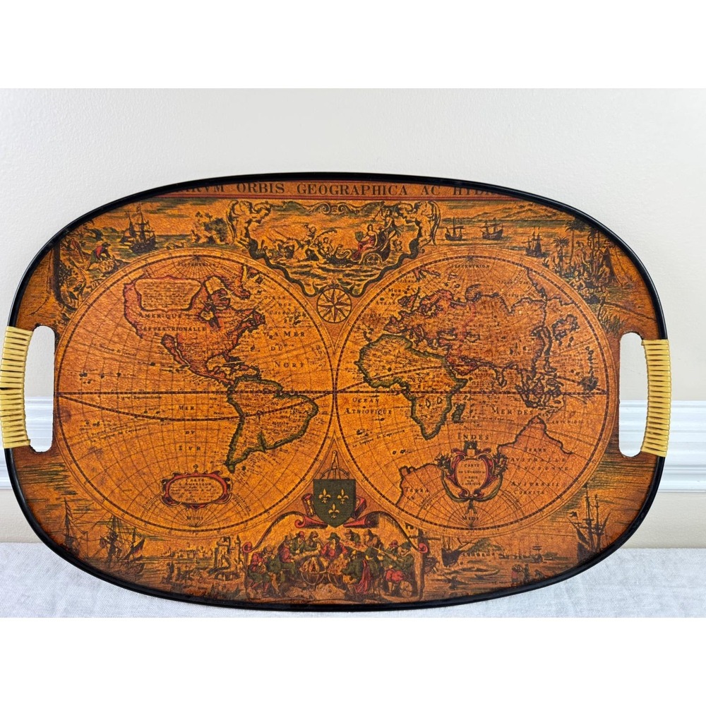 Vintage World Map Oval Serving Tray Orbis Geographica Wicker Handles 18.5 Inch